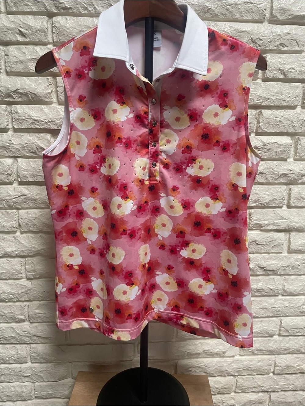 DAILY SPORTS Tori Sleeveless Golf Tennis Polo Floral Rhinestone pink yellow sz L